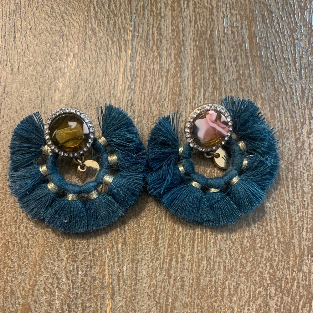 New teal tassel earrings with resin posts, gold